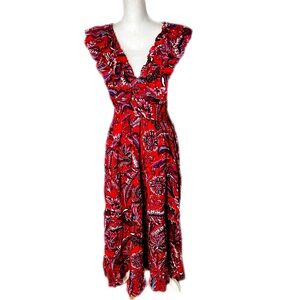 NWT Caroline Constas Maxi Dress Ruffle V Neck Smocked Waist Large paisley print